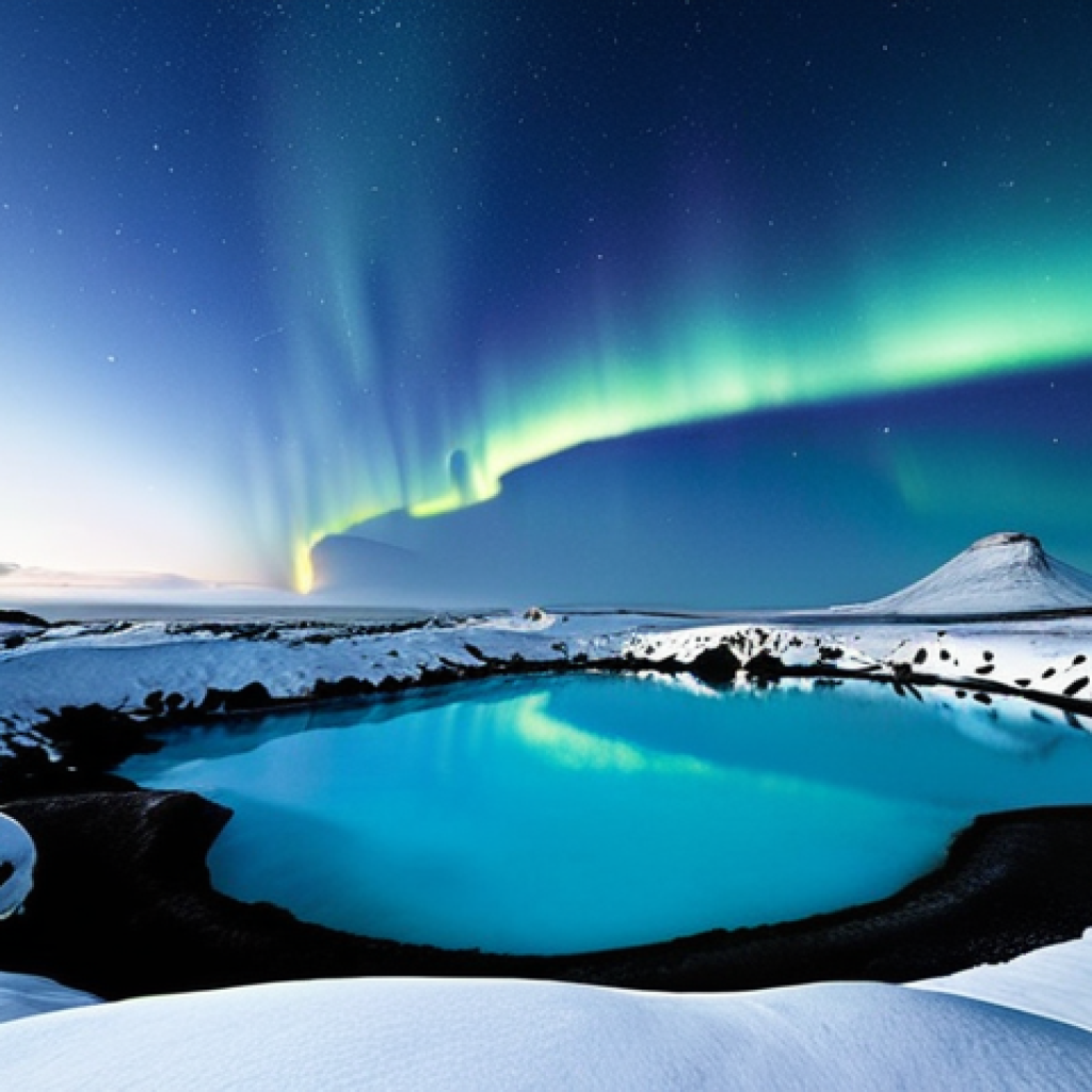 **

A serene scene of the Blue Lagoon in Iceland. Focus on the milky blue water, the surrounding volcanic landscape covered in snow, and perhaps a hint of the Northern Lights in the sky. Capture the feeling of relaxation and natural beauty. Keywords: Blue Lagoon, Iceland, geothermal, snow, Northern Lights, relaxation, milky blue water.

**