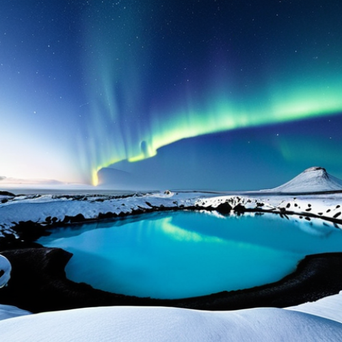 **

A serene scene of the Blue Lagoon in Iceland. Focus on the milky blue water, the surrounding volcanic landscape covered in snow, and perhaps a hint of the Northern Lights in the sky. Capture the feeling of relaxation and natural beauty. Keywords: Blue Lagoon, Iceland, geothermal, snow, Northern Lights, relaxation, milky blue water.

**