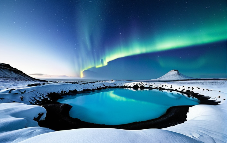 **

A serene scene of the Blue Lagoon in Iceland. Focus on the milky blue water, the surrounding volcanic landscape covered in snow, and perhaps a hint of the Northern Lights in the sky. Capture the feeling of relaxation and natural beauty. Keywords: Blue Lagoon, Iceland, geothermal, snow, Northern Lights, relaxation, milky blue water.

**
