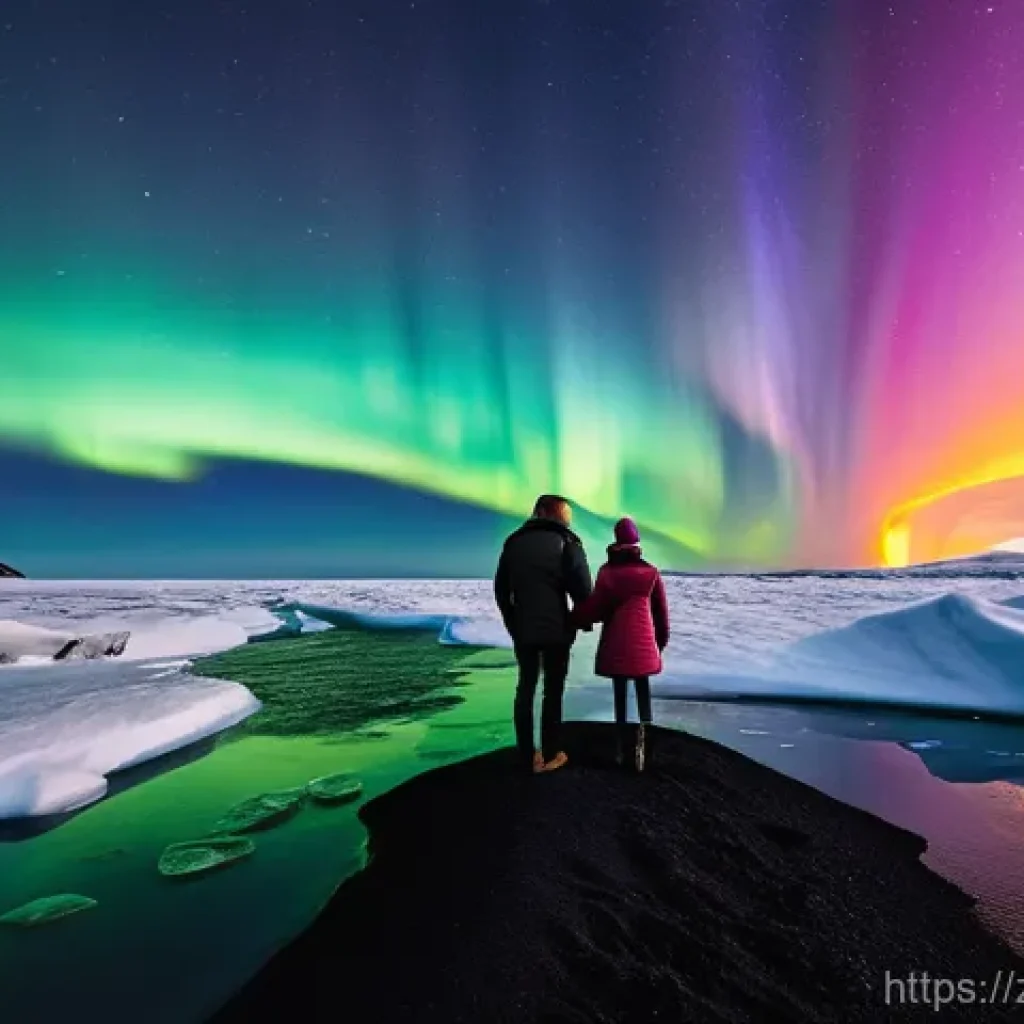 아이슬란드 vs 노르웨이 생활 수준 - **Icelandic "Ice and Fire" Spectacle:** A wide-angle, cinematic shot of a couple standing on a drama...