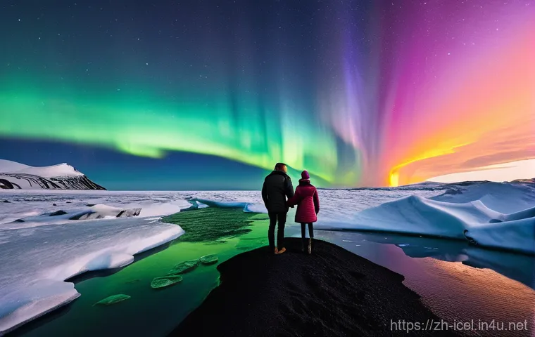 아이슬란드 vs 노르웨이 생활 수준 - **Icelandic "Ice and Fire" Spectacle:** A wide-angle, cinematic shot of a couple standing on a drama...