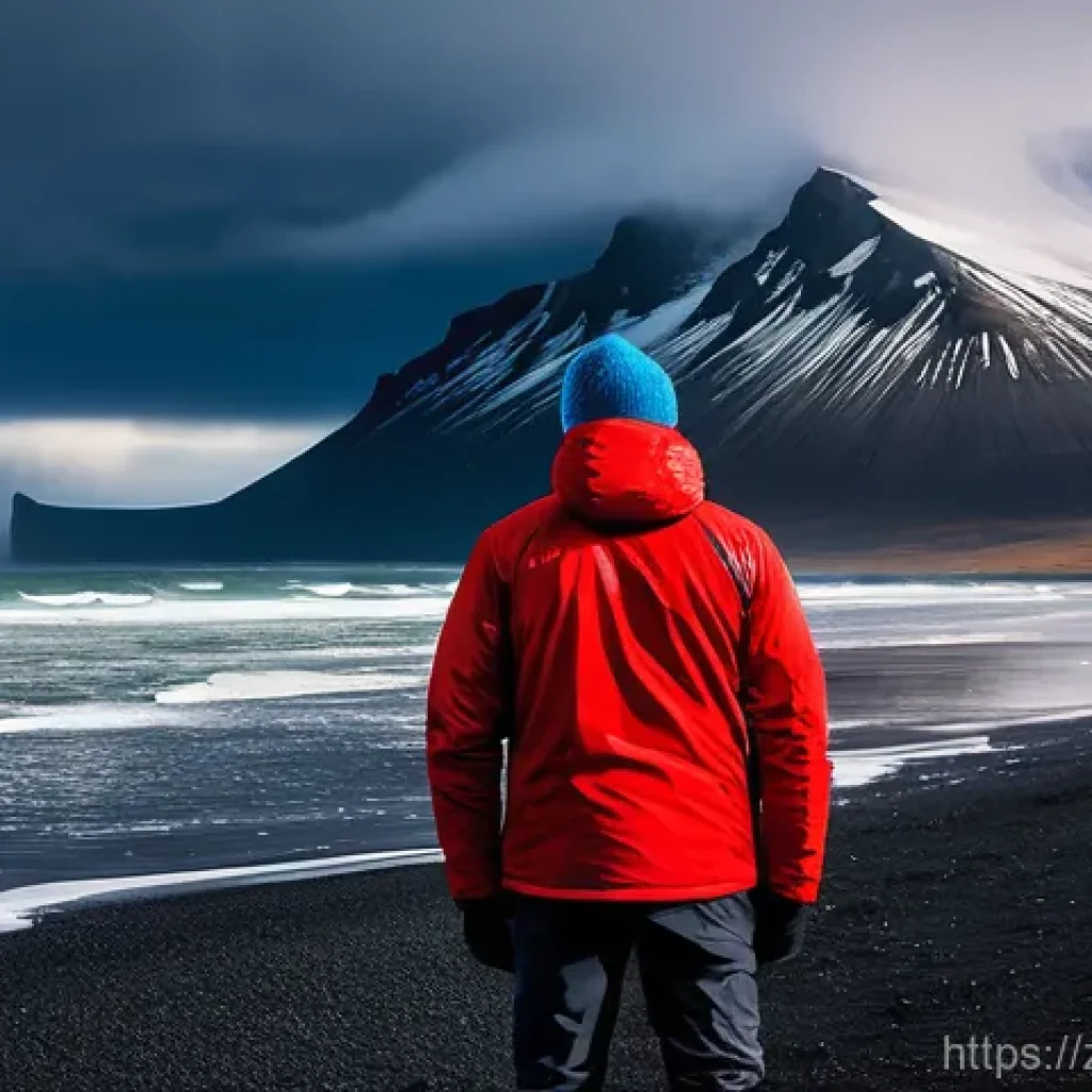 아이슬란드 극지방 기후 - **Prompt 1: Dynamic Icelandic Coastal Landscape with Layered Traveler**
"A lone male traveler, a...