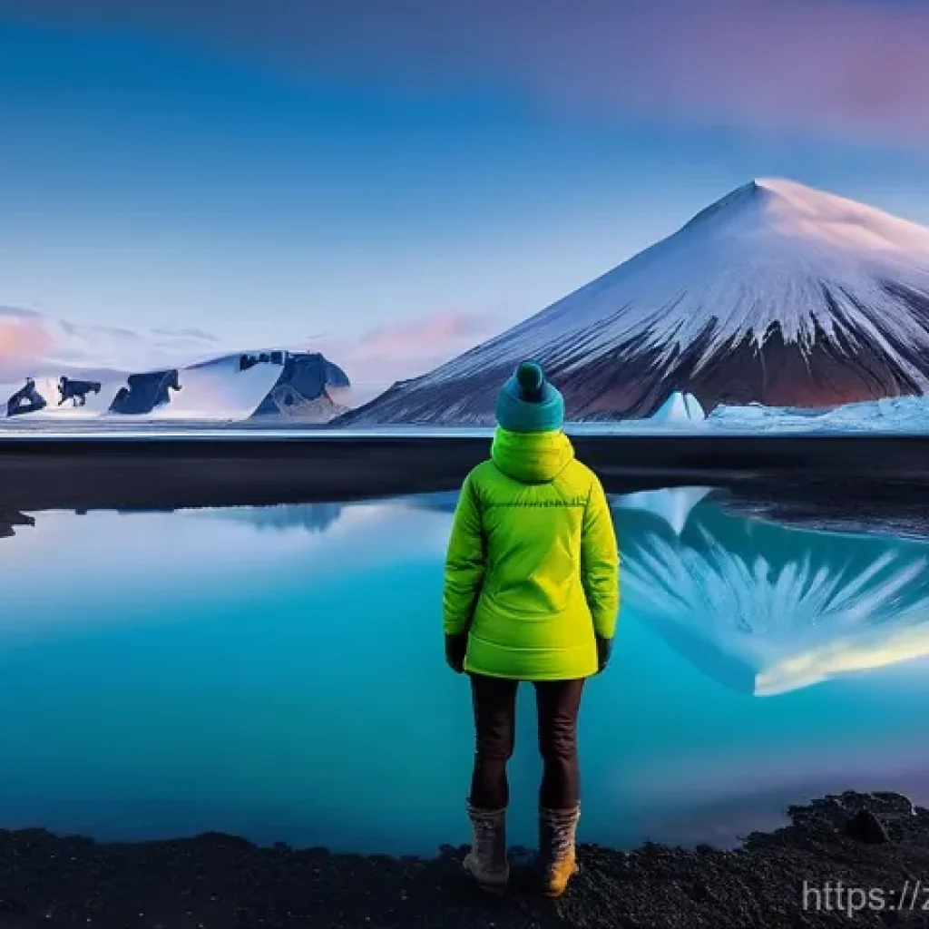 아이슬란드와 다른 나라 비교 - **Prompt:** A solo female traveler, in her late 20s, stands on a vast black volcanic sand beach in I...