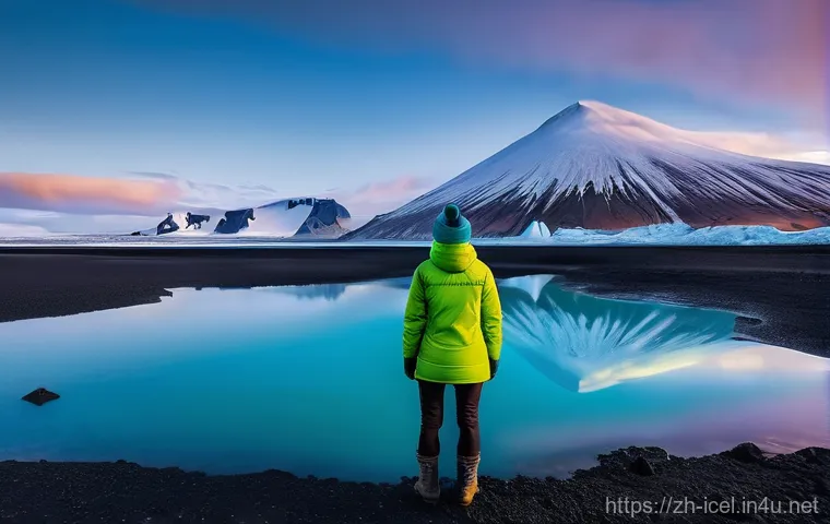 아이슬란드와 다른 나라 비교 - **Prompt:** A solo female traveler, in her late 20s, stands on a vast black volcanic sand beach in I...