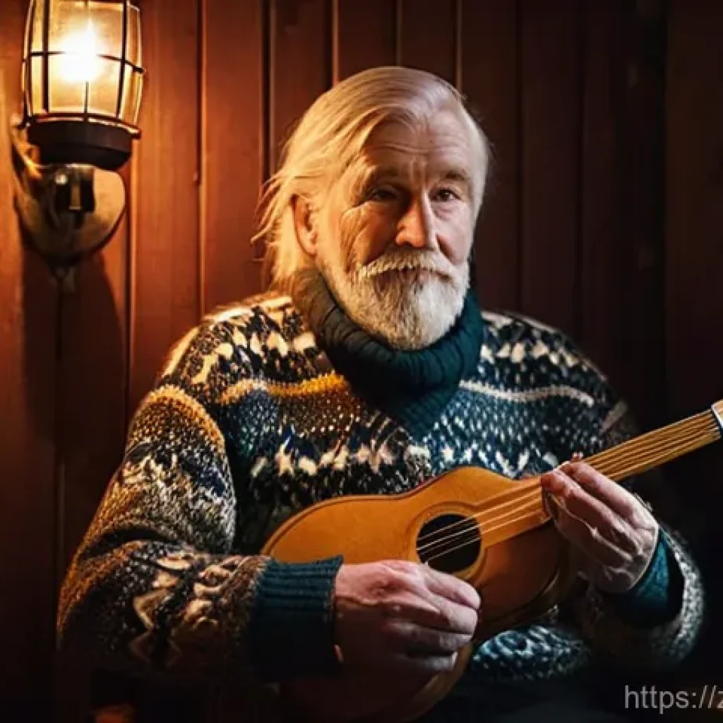 아이슬란드 민속 음악 - **Prompt:** A weathered, elderly Icelandic musician, with kind eyes full of stories, plays a traditi...