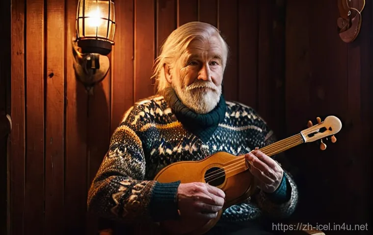 아이슬란드 민속 음악 - **Prompt:** A weathered, elderly Icelandic musician, with kind eyes full of stories, plays a traditi...