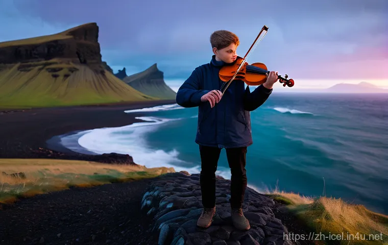 아이슬란드 민속 음악 - **Prompt:** A weathered, elderly Icelandic musician, with kind eyes full of stories, plays a traditi...