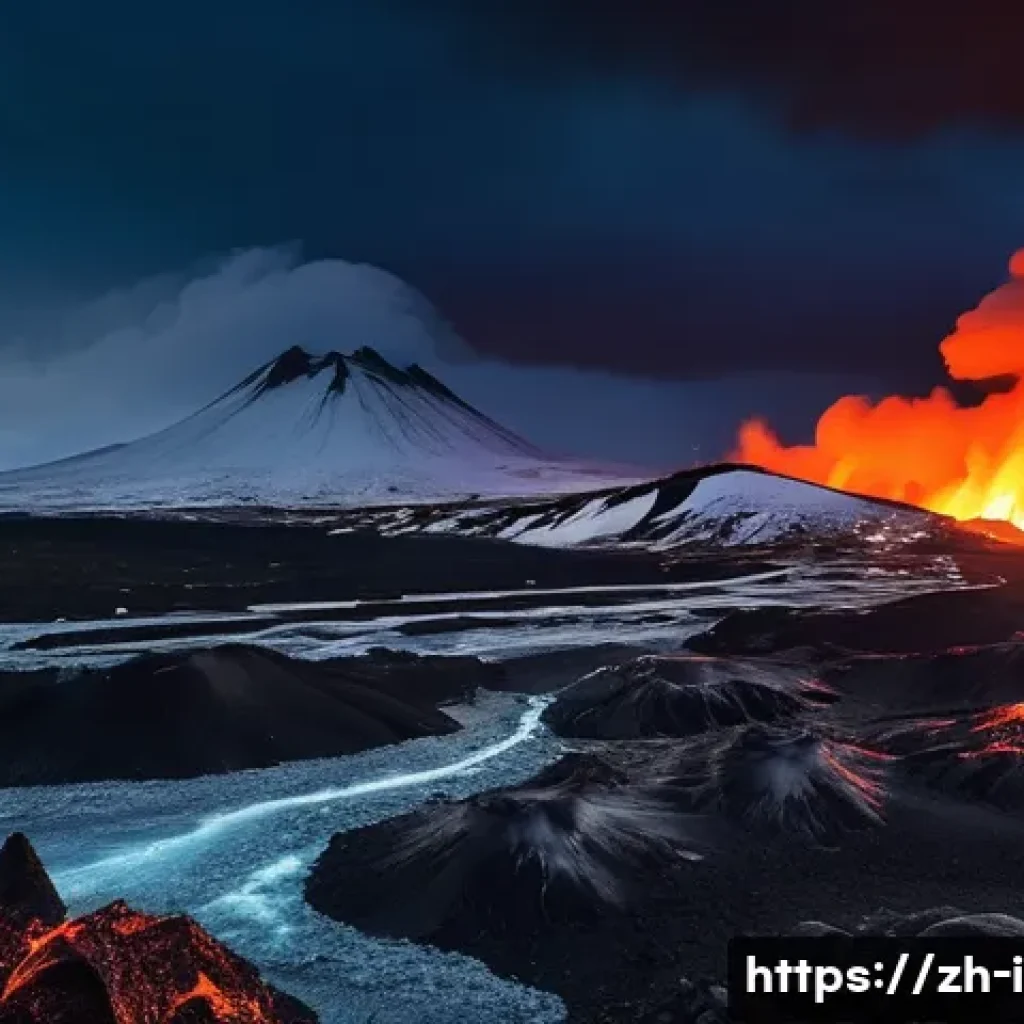 아이슬란드 화산 활동 - **Prompt:** A breathtaking, wide-angle shot of a dramatic Icelandic volcanic landscape at twilight. ...