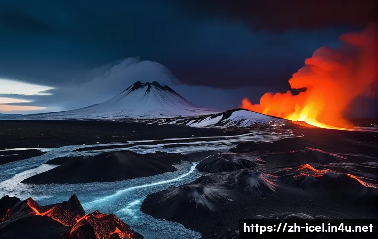 아이슬란드 화산 활동 - **Prompt:** A breathtaking, wide-angle shot of a dramatic Icelandic volcanic landscape at twilight. ...