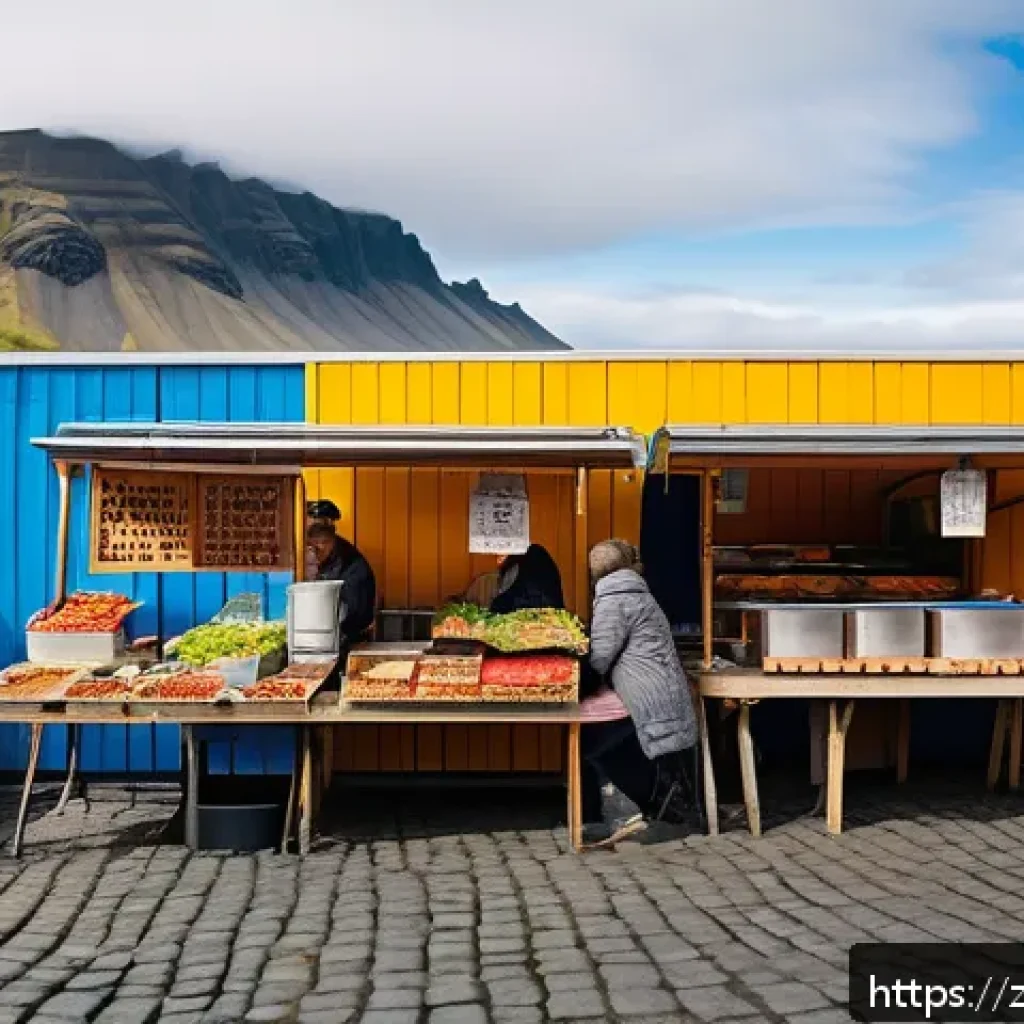 아이슬란드 음식 가격 비교 - A vibrant Reykjavik street food market scene in Iceland, showcasing colorful food stalls with steami...