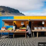 아이슬란드 음식 가격 비교 - A vibrant Reykjavik street food market scene in Iceland, showcasing colorful food stalls with steami...