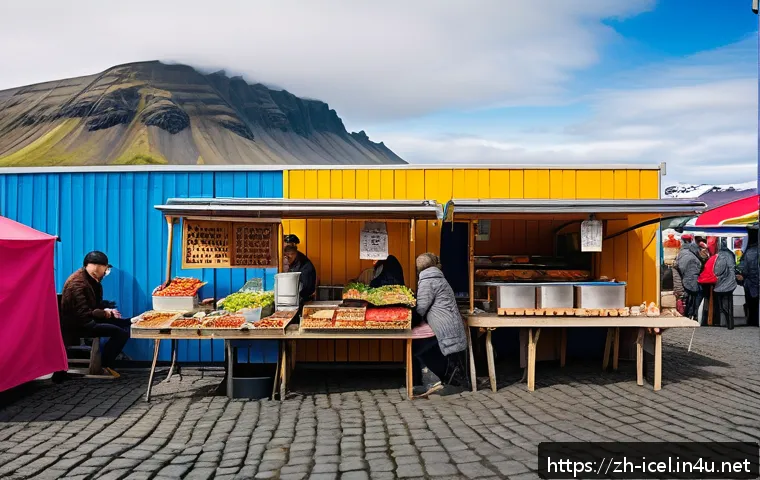 아이슬란드 음식 가격 비교 - A vibrant Reykjavik street food market scene in Iceland, showcasing colorful food stalls with steami...