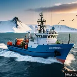 아이슬란드 출신 기업인 및 경제학자 - A modern Icelandic fishing vessel equipped with advanced IoT devices, navigating clear ocean waters ...