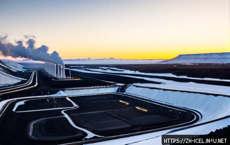 아이슬란드 경제와 산업 - Photorealistic wide-angle view of Iceland’s renewable energy economy, a modern geothermal power stat...